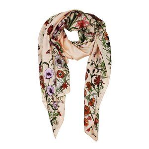 Tigerstars Beige Floral Print Oblong Silky Satin Scarf Shawl